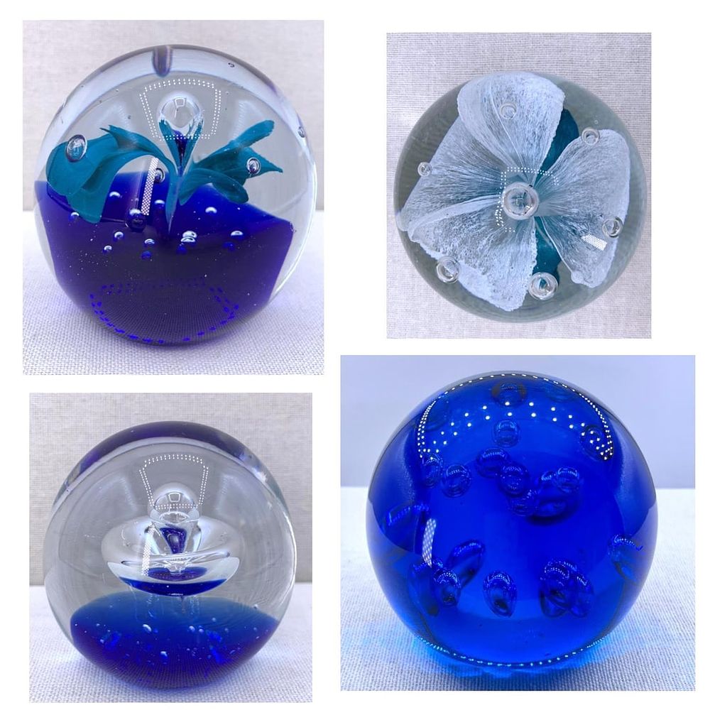 Lot 458: 4 Vibrant Teal and Sapphire Blue Vintage Studio Art Glass Paperweights