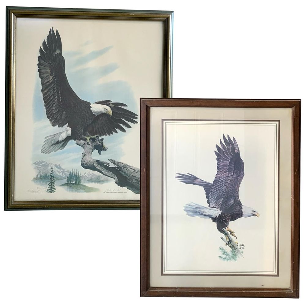 Lot 462: 2 Dramatic 1970s Vintage Framed Bald Eagle Lithographs: Artist Roland Veit and Hugh Hirtle