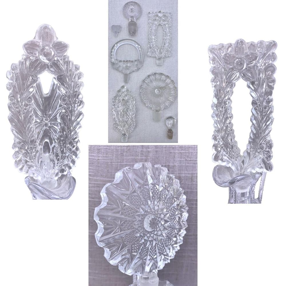 Lot 463: 7 pc Large Size Vintage Fancy Pressed Clear Glass Boudoir Scent, Perfume, Cruet, Bottle Stopper Lot