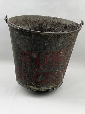 Metal Round Fire Bucket with Stencil. Height: 12.5 inches (rim to base center). This industrial 