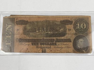 1864 CSA $10 Note T-68 Richmond. A 1864 Confederate States of America ten dollar treasury note 