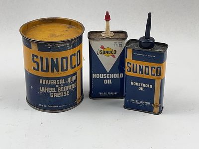 Set 3 Sunoco Lubricant Cans. Height: 4 1/8 inches (cylindrical can). This lot consists of three 