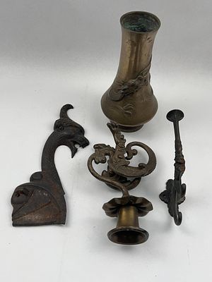 Bronze & Cast Iron Hardware & Decor. A collection of cast metal items including Asian-themed 