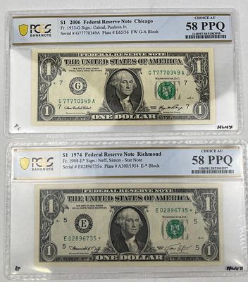 1974 Star & 2006 Fancy $1 Notes. This pair of United States currency consists of two 1 dollar 