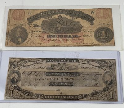 Virginia & New England $1 Banknotes. This lot features two individual US obsolete currency 