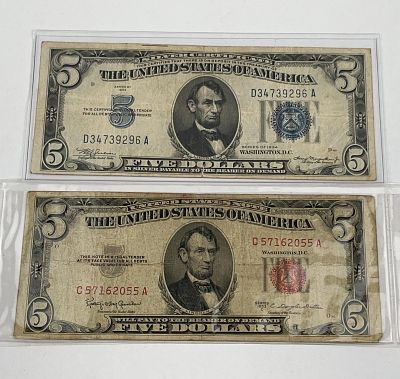Pair US $5 Banknotes, 1934 & 1953 C. This lot consists of two US five-dollar banknotes featuring 