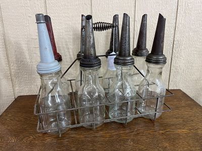 Set Glass Oil Bottles with Carrier. A set of service station oil bottles featuring eight glass 