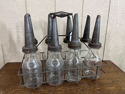 Mobiloil Set 8 Glass Bottles with Carrier. A set of eight glass motor oil service station 