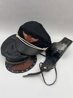 Harley-Davidson Caps & Holster. This lot contains three Harley-Davidson branded motorcycle 