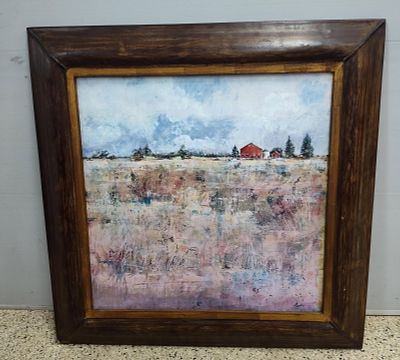 Angelini Mixed Media Rural Barn Scene. 35 x 35 in.; signed. This contemporary mixed media 