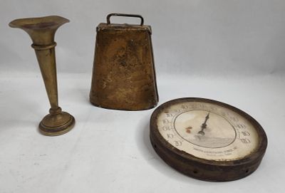 3 Metal Objects w/ Smith-Armstrong. A trio of metal items: a large industrial thermometer, a 