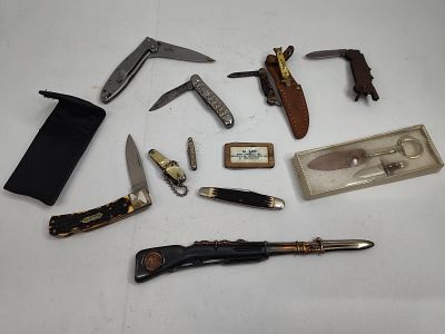 Vtg & Modern Pocket Knives & Novelties. Folding and fixed-blade knives featuring a variety of 
