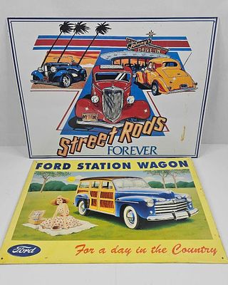 Pair Embossed Tin Automotive Signs. 13.5 x 17.25 in. And 11 x 16 in. Two rectangular embossed 