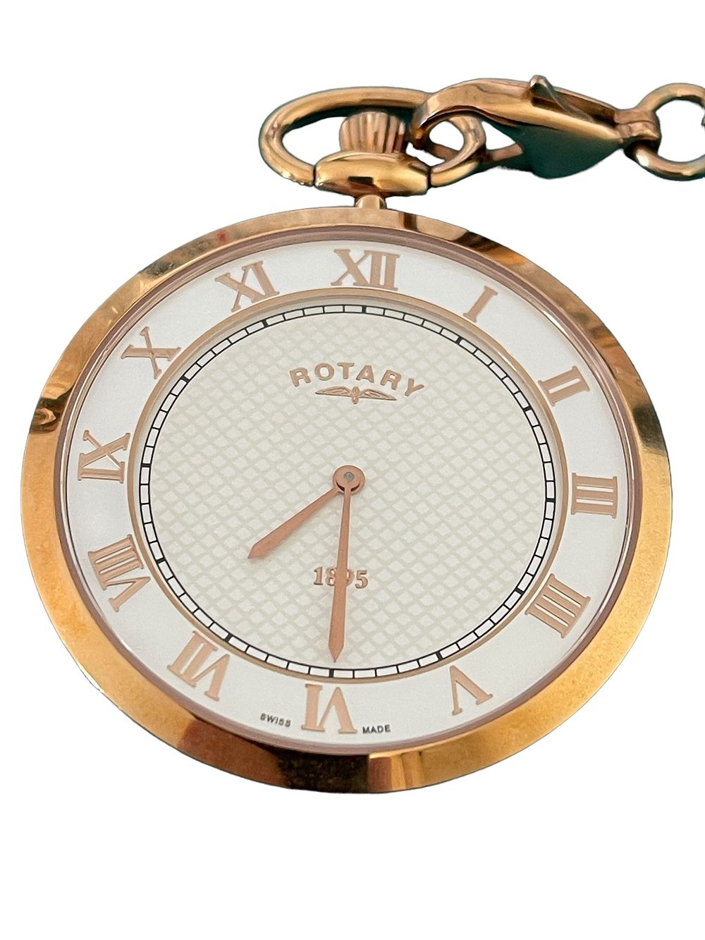 Lot 171: Swiss Made Rose Gold Plated Rotary Quartz/Battery Ultra Slim Pocket Watch with a Silver Coloured Dial, Roman Numerals & Sapphire Glass. 100M Water Resistant.