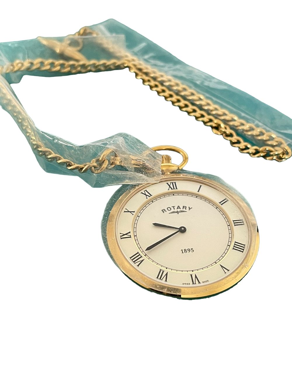 Lot 172:  Swiss Made Gold Plated Rotary Quartz/Battery Ultra Slim Pocket Watch with a silver coloured dial, Roman Numerals & Sapphire Glass.