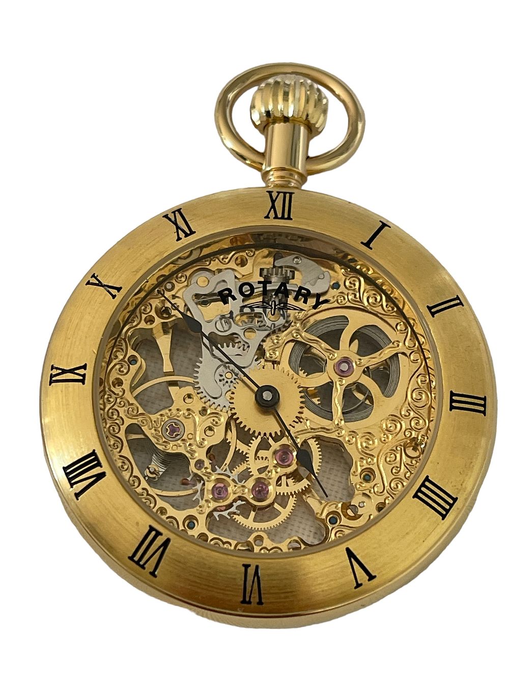 Lot 176: Rotary Skeleton Gold Plated Mechanical Pocket Watch with a Silver Coloured Dial, Roman Numerals & Sapphire Glass.