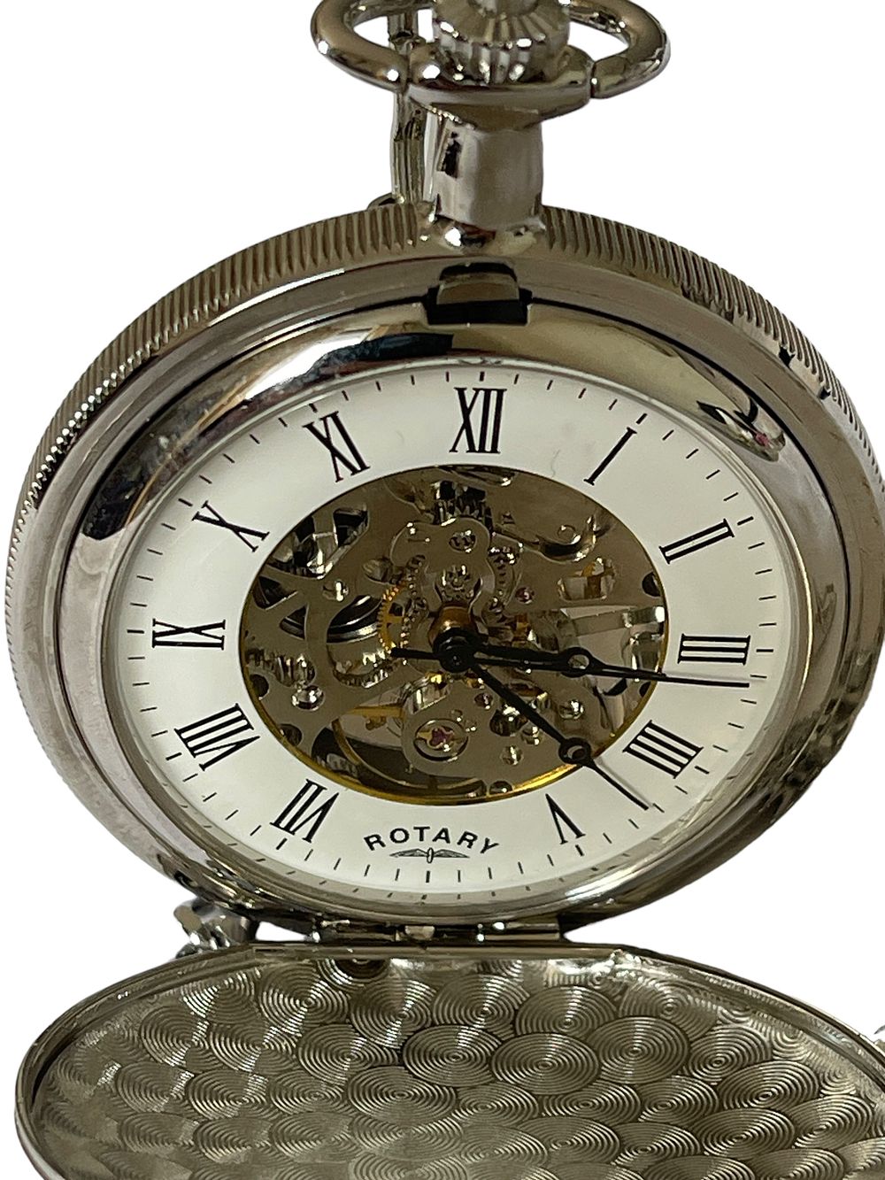 Lot 179: Rotary Mechanical Pocket Watch with a Silver Coloured Dial, Roman Numerals & Sapphire Glass. 100M Water Resistant. Full Hunter