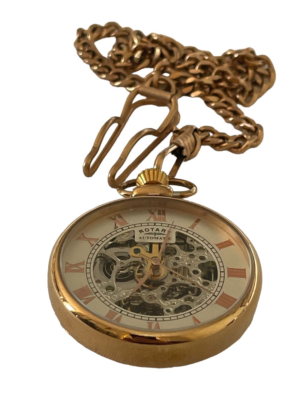 Lot 210: Rotary Mechanical Automatic Skeleton Gold Plated Stainless Steel Pocket Watch