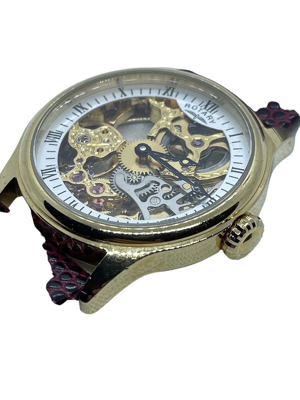 Lot 225: Rotary Men’s Skeleton mechanical gold plated watch fully working with leather strap