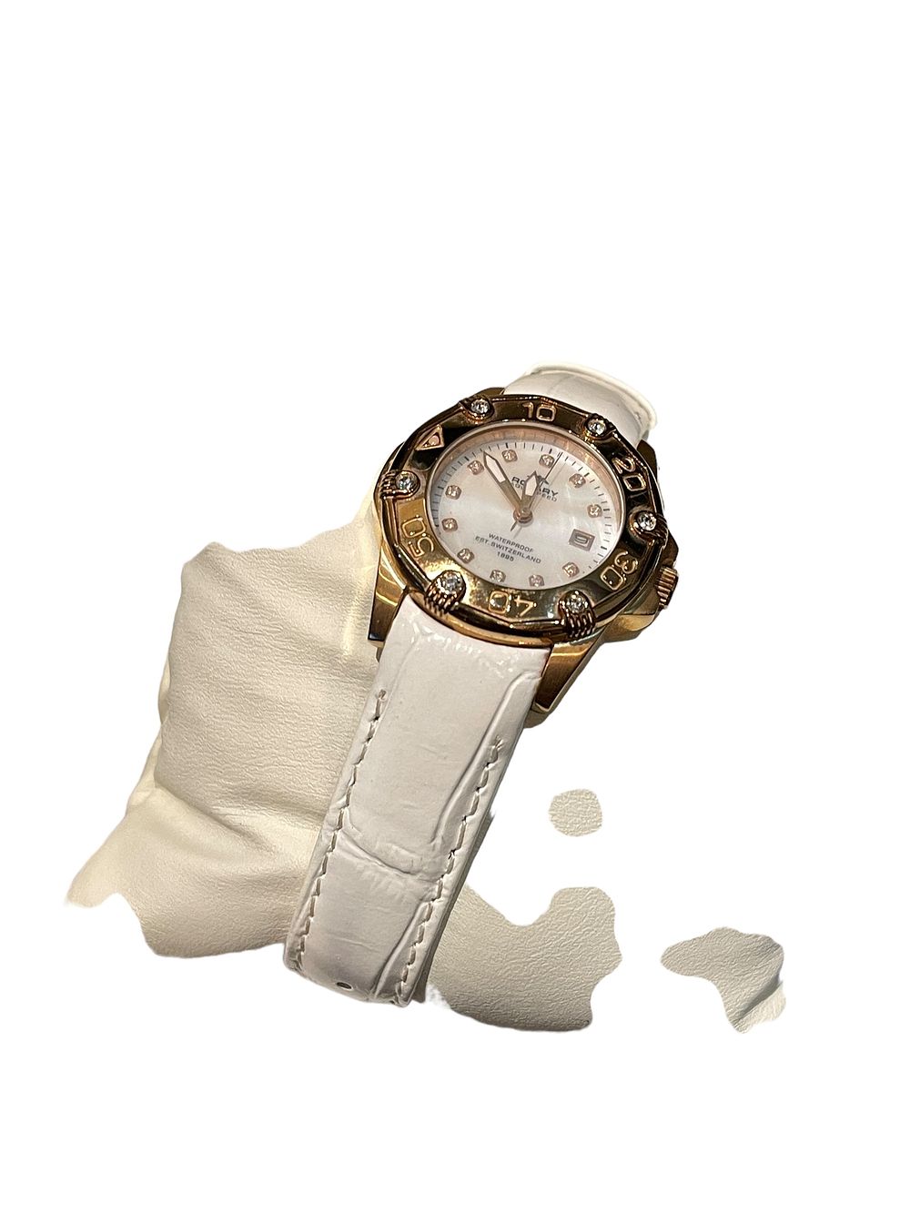 Lot 275: Rotary Ladies gold plated watch with white leather strap. Comes with box and a two year warranty.