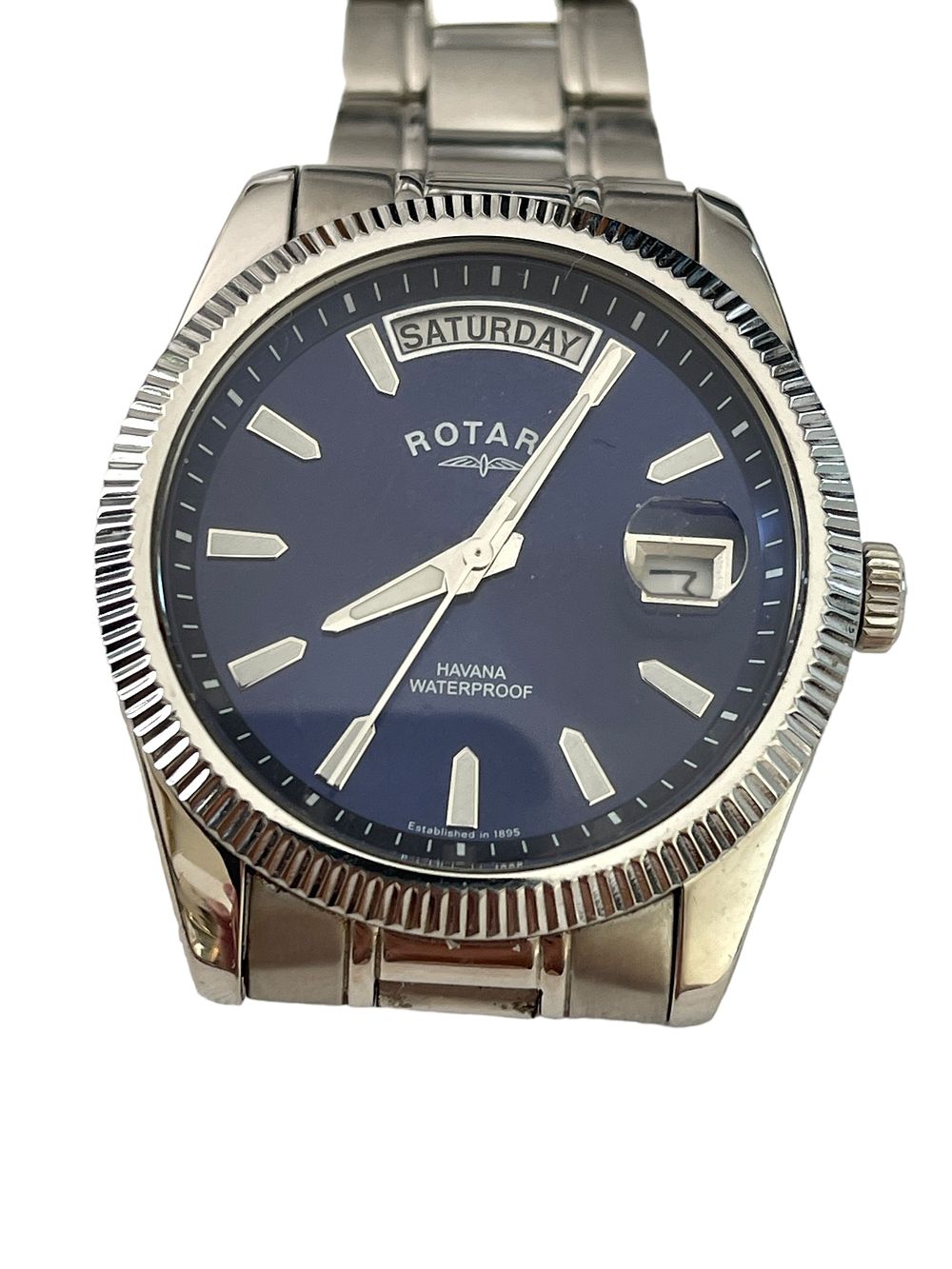Lot 285: Rotary Mens Havana blue face watch, day and date display.