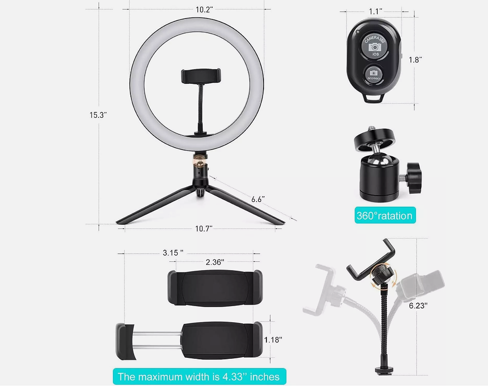 Lot 251: 10.2" Selfie Ring Light with Tripod Stand & Phone Holder, Dimmable Desk LED