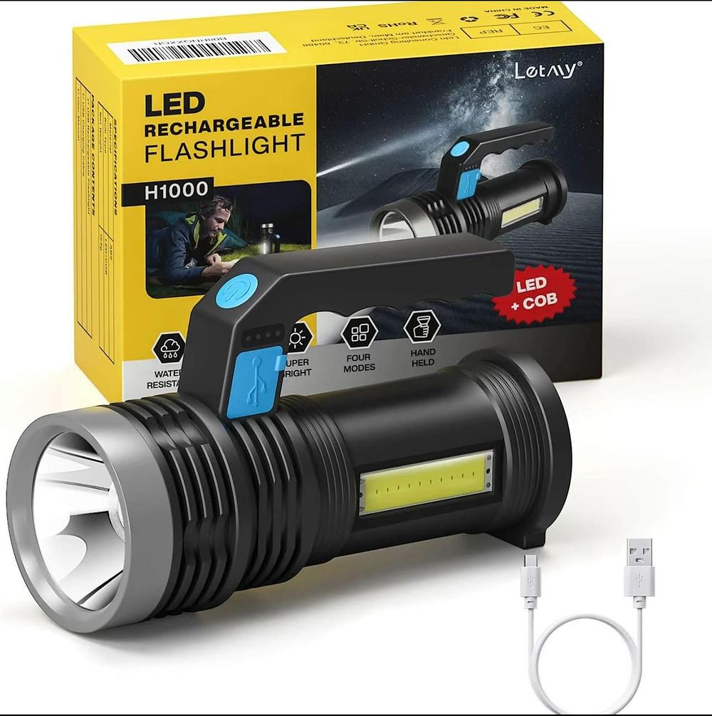 Lot 343: Led Torch Usb Rechargeable, Super Bright Lantern Light With Handle And Cob Work Light