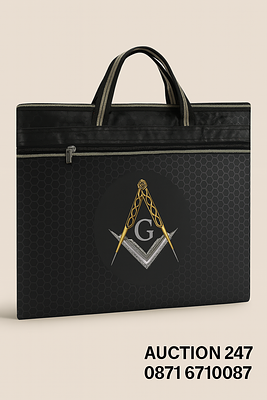Masonic Document Bag with Double Handle & Zipper – Freemason G Emblem – Black Hex Pattern. Masoni 