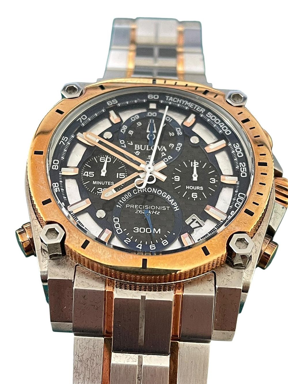 Lot 350: Bulova Precisionist Chronograph Men’s Watch – 300M – Rose Gold & Stainless Steel