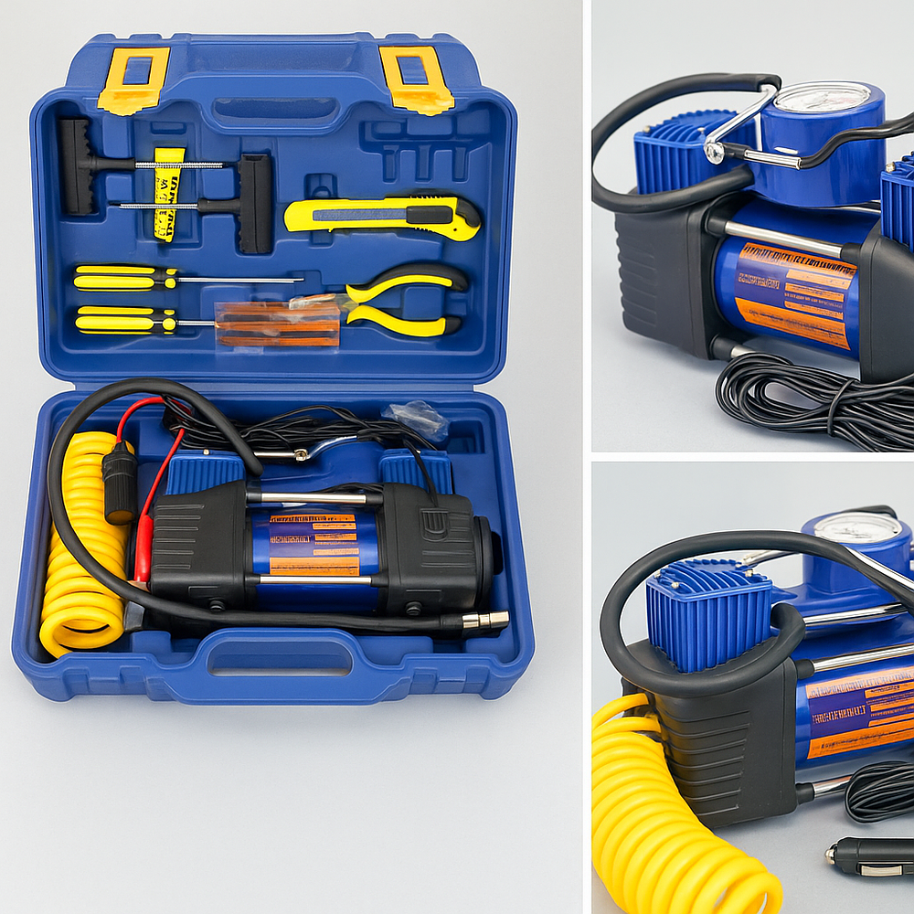 Lot 354: Complete Tyre Repair & Air Compressor Kit – Twin Cylinder 12V with Tools in Case