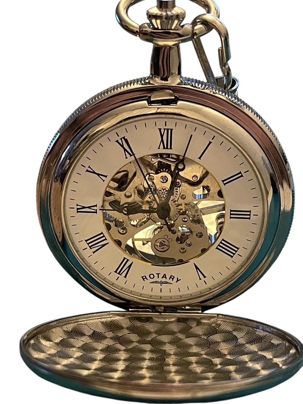 Lot 314: Rotary Skeleton Pocket Watch | Full Hunter | Mechanical | Polished Stainless Steel | Brand New