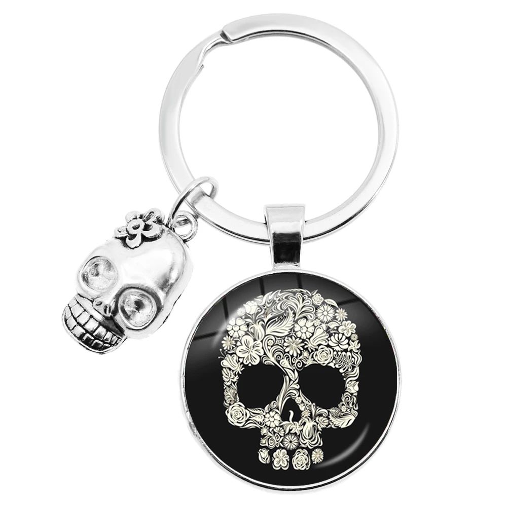 Lot 168: Hot Selling Colorful Sugar Skull Keychain Mexico Folk Art Patterns Glass Key Chain Skulls Accessory Jewelry Holiday Gift