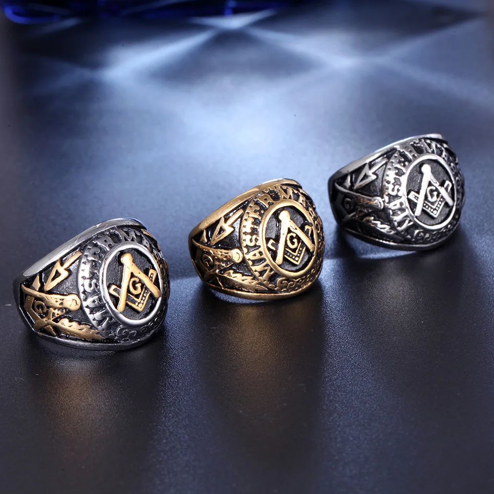 Lot 184: Not Fade Hip hop AG Freemason Ring Gold-Color Cool Masonic Rings For Men Woman Bands USA Size