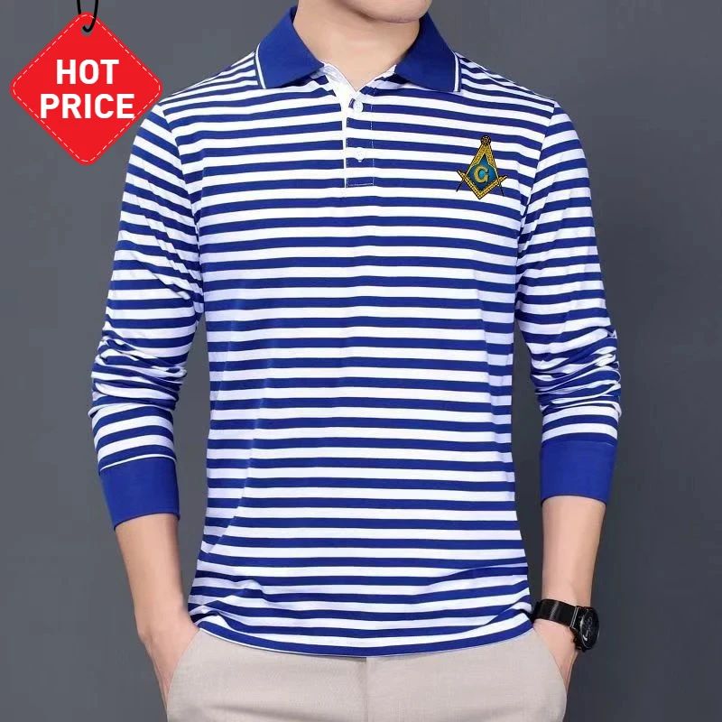 Lot 213: Fashion Freemason Symbol Emblem Masonic Stripes Polo Shirts New 100% Cotton Long Sleeve Sailor Striped T-Shirt Mens Mason Tee