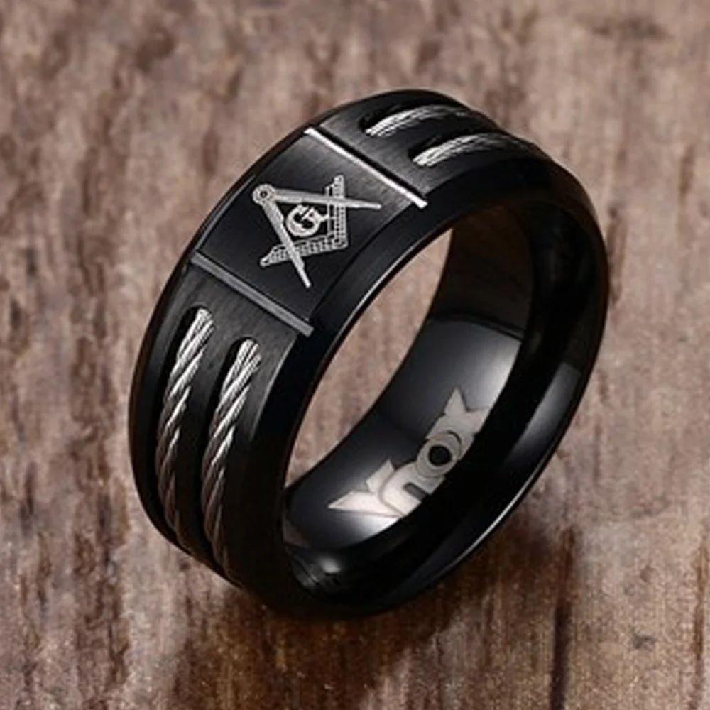 Lot 249: Vnox Vintage 9mm Masonic Ring Men Jewelry Black Stainless Steel With Wire Brother Gift