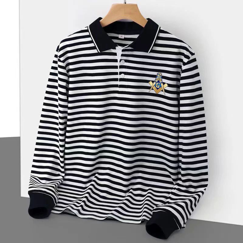 Lot 268: Fashion Freemason Symbol Emblem Masonic Stripes Polo Shirts New 100% Cotton Long Sleeve Sailor Striped T-Shirt Mens Mason Tee