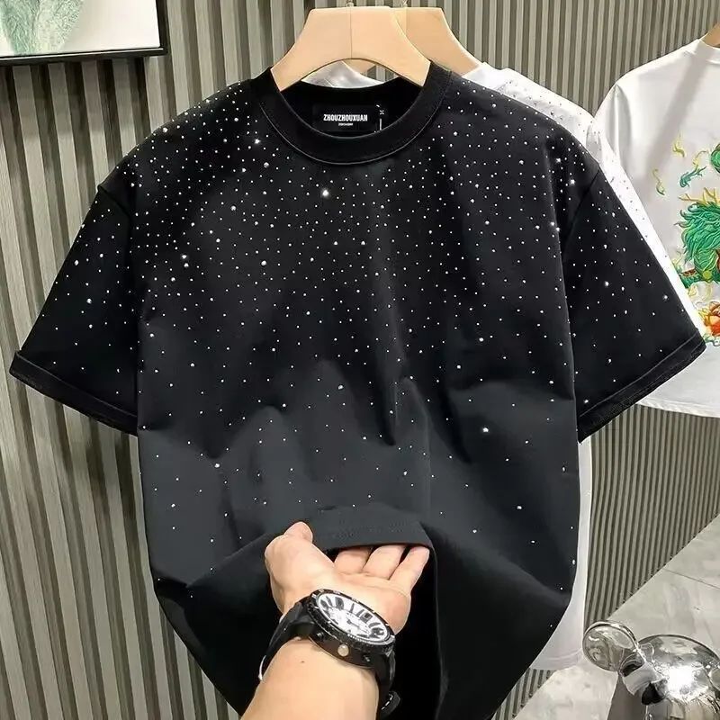 Lot 279: Summer Rhinestone Rivet T-shirt for Men Clothing Round Neck Casual T-shirt Fashion High Street 2024 Men's Summer Short Sleeves