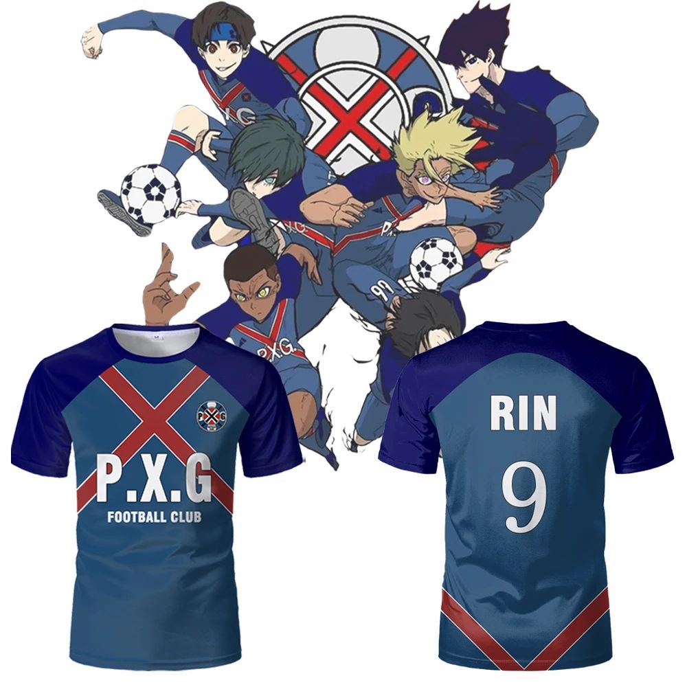 Lot 284: P.X.G Blue Lock Japanese Anime Jersey Football Uniform No.9 Rin Shidou Cosplay T Shirts Men's And Women's Casual Sports Tops