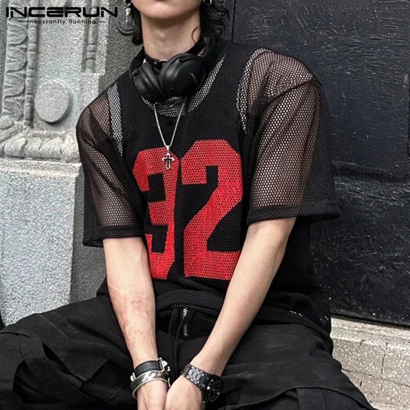 Lot 285: INCERUN Men T Shirt Mesh Transparent Printing O-neck Short Sleeve Sexy Men Clothing Streetwear Summer 2024 Fashion Male Tee Tops