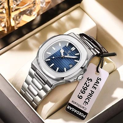 POEDAGAR Square Luxury Men Wristwatch Waterproof Luminous Date Stainless Steel Male Clock 