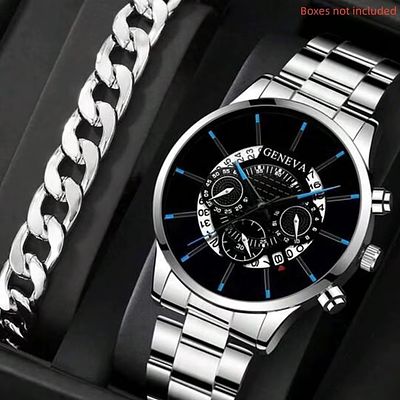 2pcs Luxury Men Business Watch Stainless Steel Calendar Big Dial Watches for Men Fashion Sports 