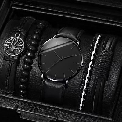 5PCSt Men Business Watches Fashion Leather Band Male's Quartz Watch Vintage Leather Bracelets 