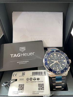 TAG Heuer Aquaracer Chronograph 300M Blue Dial Steel Watch Box Papers Unused. TAG Heuer 