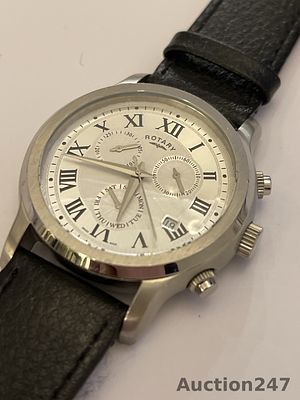 ROTARY MULTIFUNCTION MEN’S WATCH – ROMAN DIAL – LEATHER STRAP – STAINLESS STEEL 
Description 