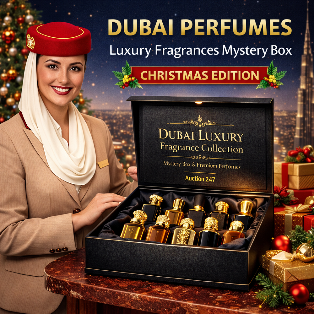 Lot 226: Dubai Perfumes Luxury Fragrances Mystery Box Christmas Edition Stock Photo