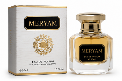 MERYAM Eau de Parfum spray (30ml), presented in its original retail packaging. A compact and 
