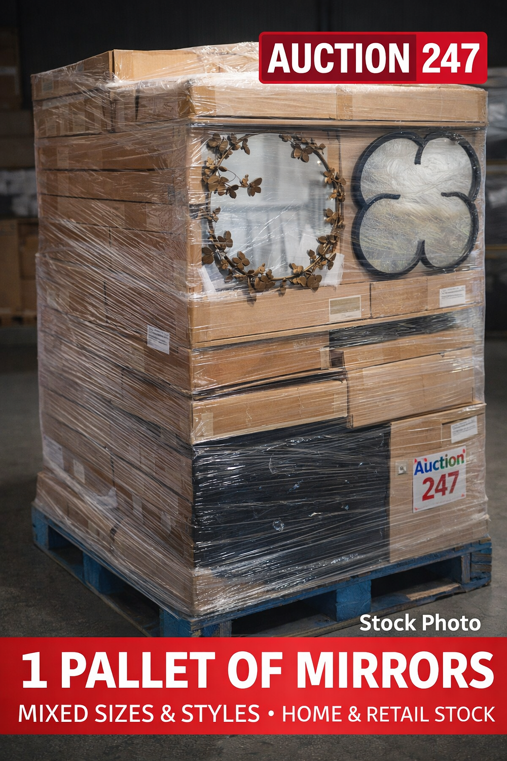 Lot 53: 1 Pallet of Mirrors Mixed Sizes & Styles Home & Retail Stock Description:
