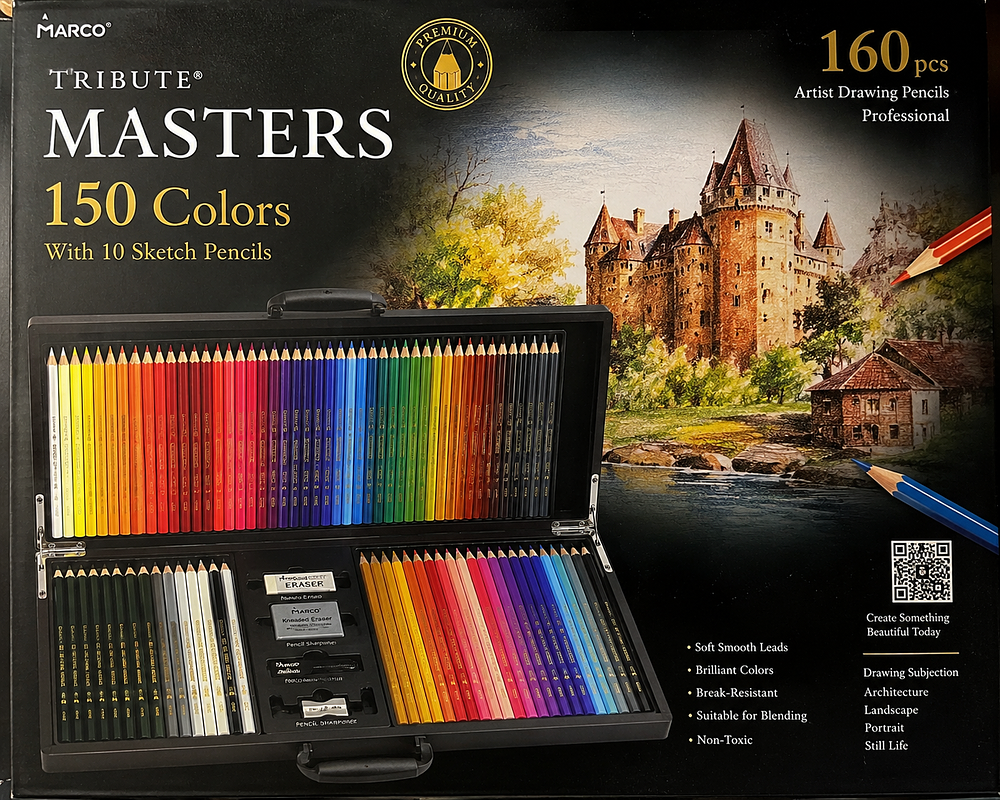 Lot 54: Marco Tribute MASTERS 150 Colors with 10 Sketch Pencils,160pcs Artist Darwing Pencils,Professional