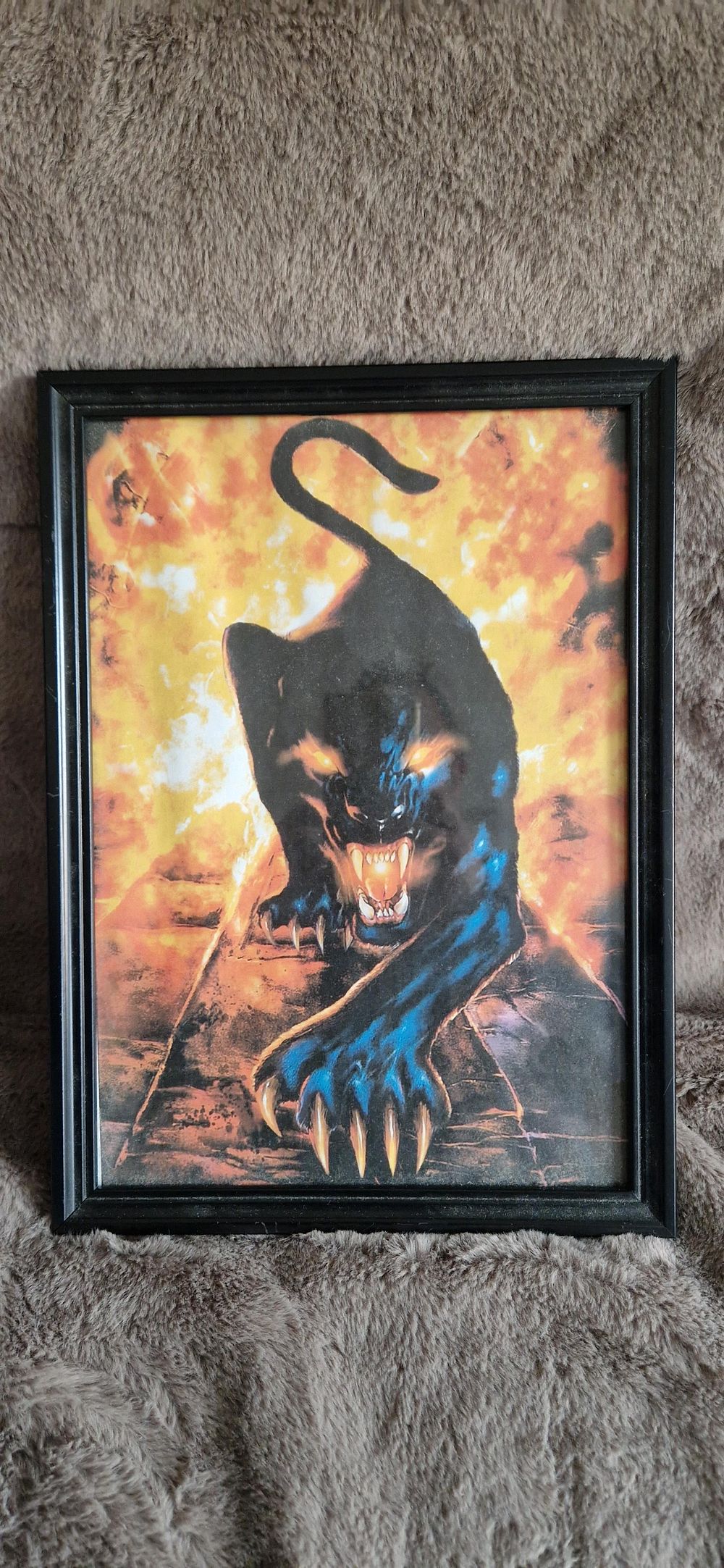 Lot 75: framed "Fire Panther" wall art print featuring a menacing blue panther surrounded by flames.
