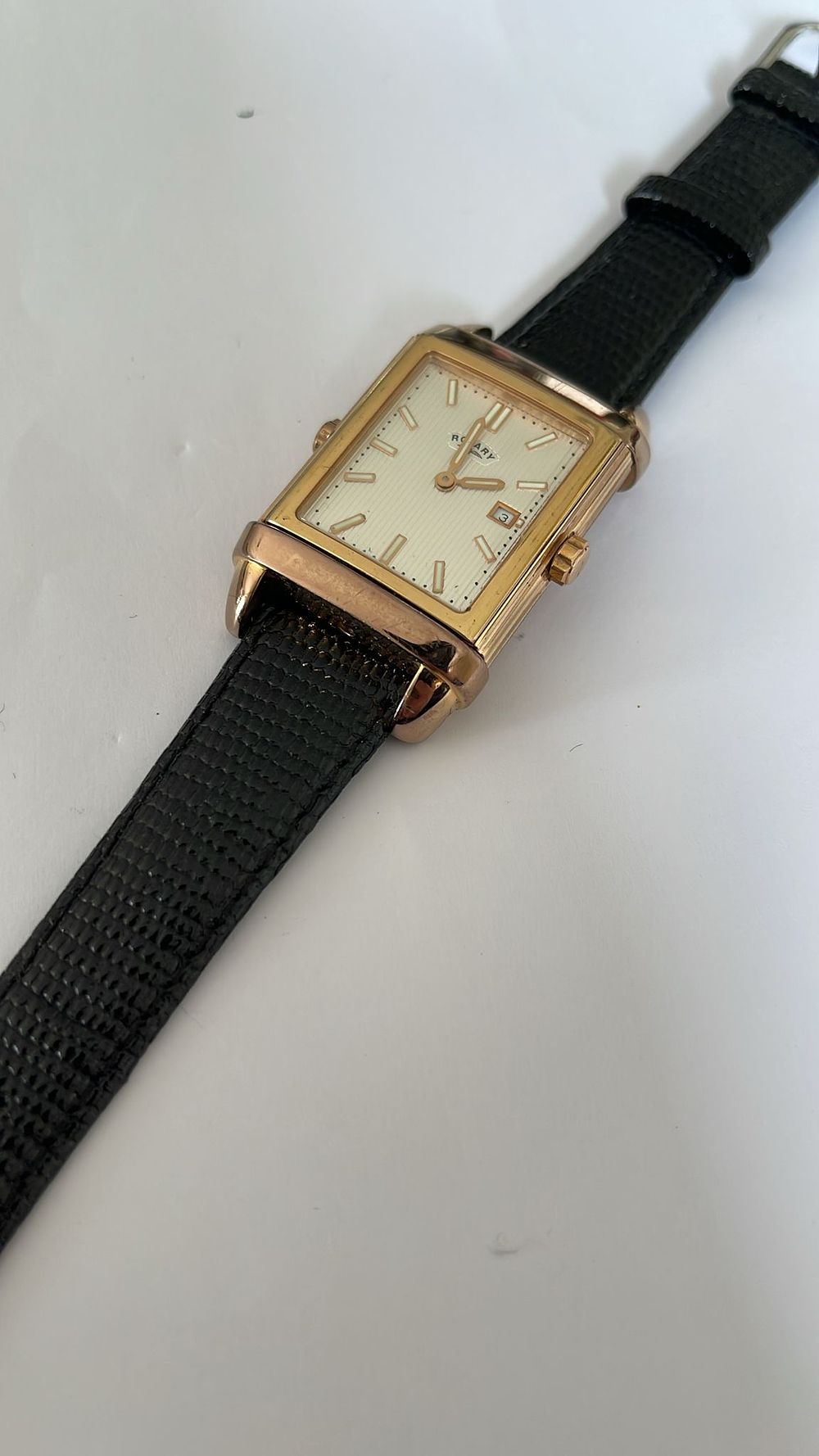 Lot 82: Swiss Made Rotary Style Rectangular Wristwatch Gold Tone Case Cream Dial Classic Dress Watch